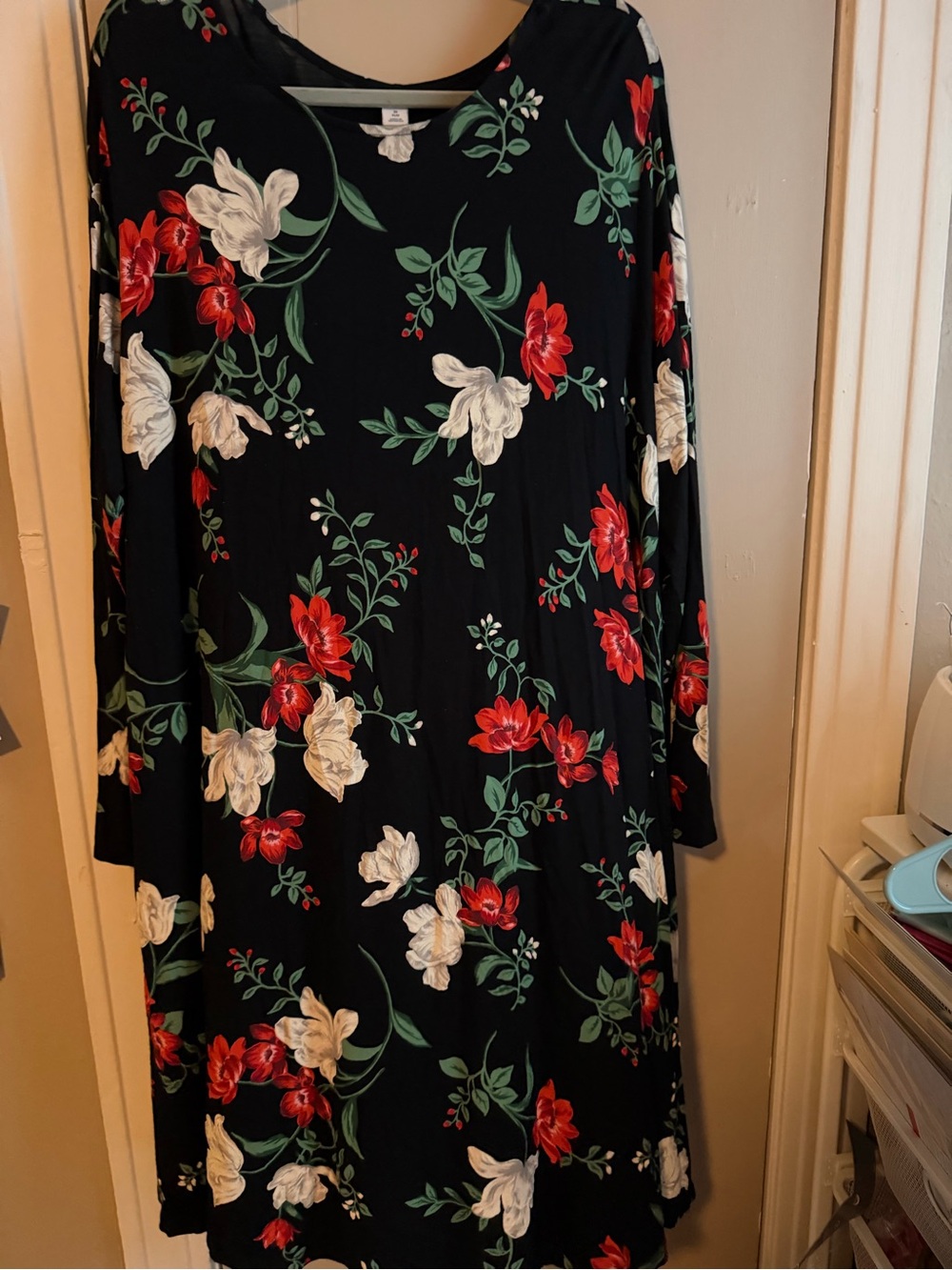 Floral Long Sleeve Dress - Black with Red & White Blooms